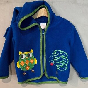 Hanna Andersson blue microfleece hooded jacket owl tree 12-24 months size 80